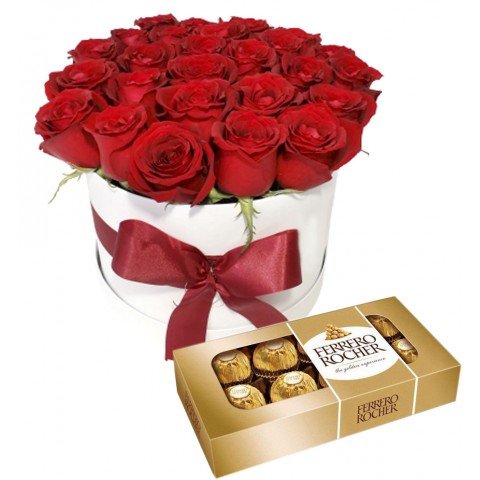 Arranjo na Caixa com 18 Rosas Vermelhas + Chocolate